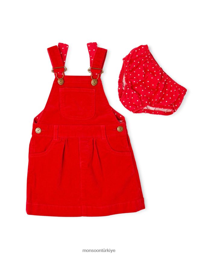 Monsoon çocuklar noktalı tulum fitilli kadife elbise ve külot seti JH86BT1781 Giyim kırmızı