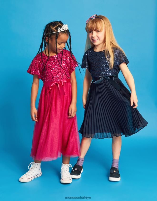 Monsoon çocuklar pelerin kollu elmas pullu keita elbise JH86BT2775 Giyim Mavi Donanma)