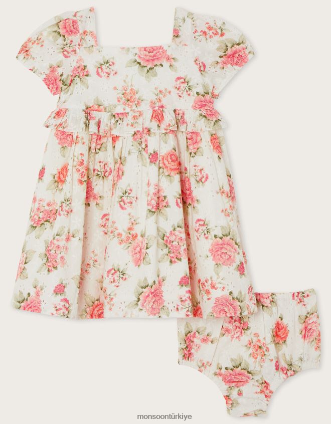 Monsoon çocuklar yeni doğan gül çiçekli broderie elbise ve külot seti JH86BT2171 Giyim turuncu (mercan)