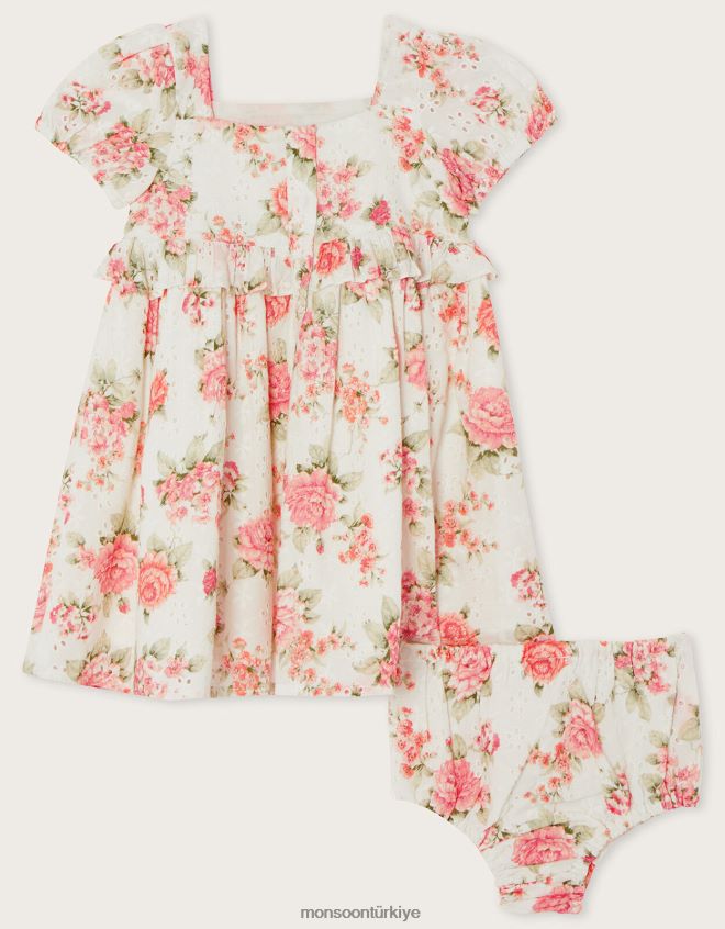 Monsoon çocuklar yeni doğan gül çiçekli broderie elbise ve külot seti JH86BT2171 Giyim turuncu (mercan)
