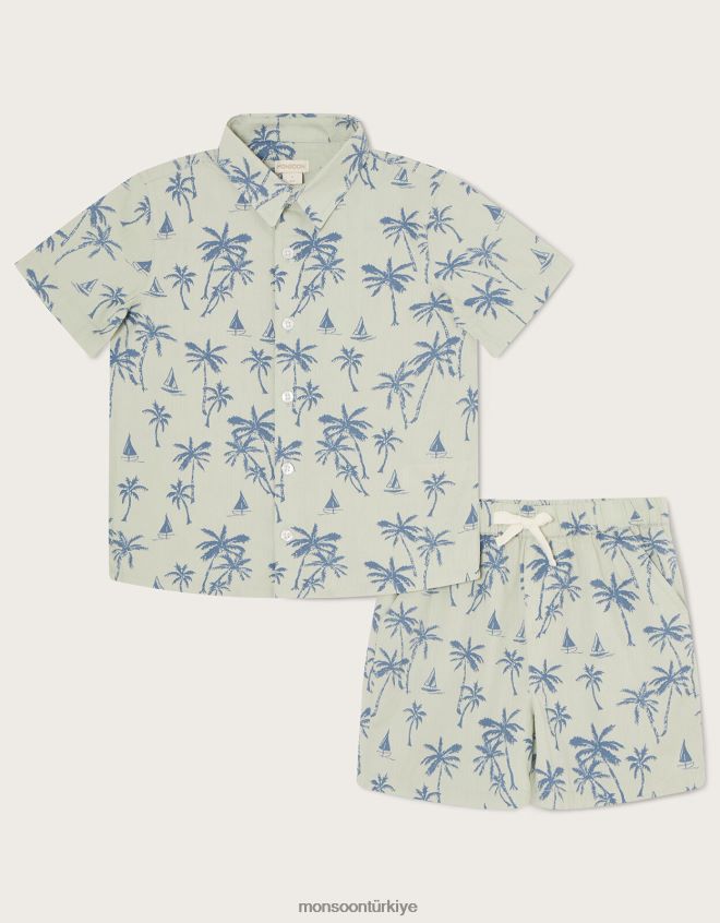 Monsoon erkek çocuk Palmiye desenli poplin gömlek ve şort takımı JH86BT2755 Giyim yeşil