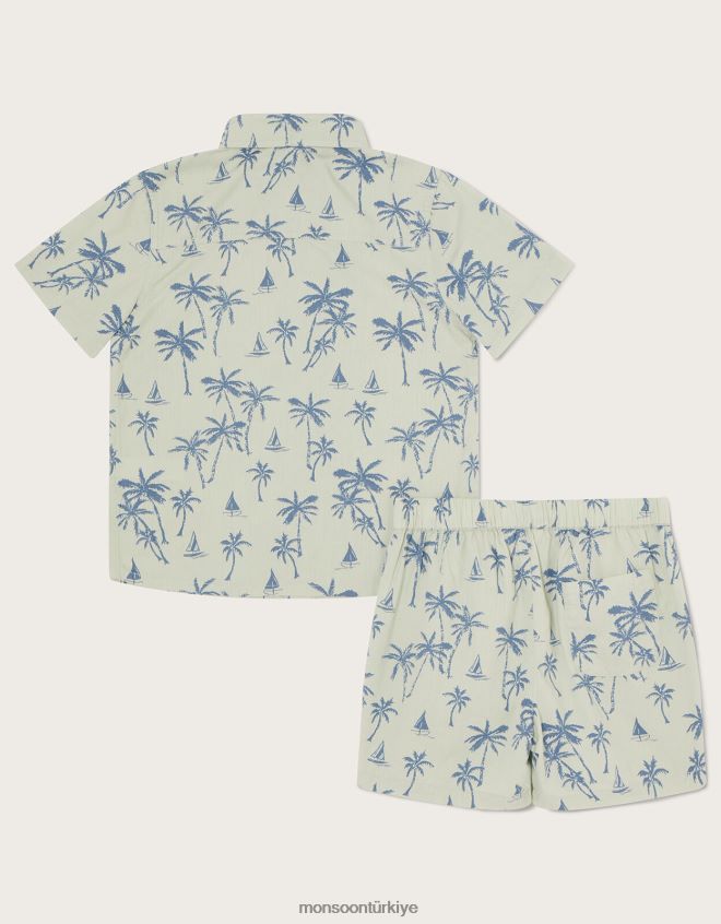 Monsoon erkek çocuk Palmiye desenli poplin gömlek ve şort takımı JH86BT2755 Giyim yeşil