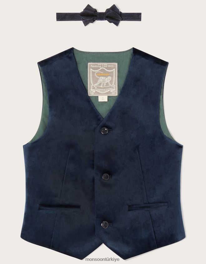 Monsoon erkek çocuk kadife yelek ve papyon takımı JH86BT2765 Giyim Mavi Donanma)