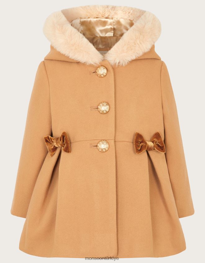Monsoon kız bebek fiyonklu suni kürk kapüşonlu kaban JH86BT2069 Giyim deve