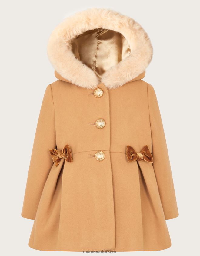 Monsoon kız bebek fiyonklu suni kürk kapüşonlu kaban JH86BT2069 Giyim deve