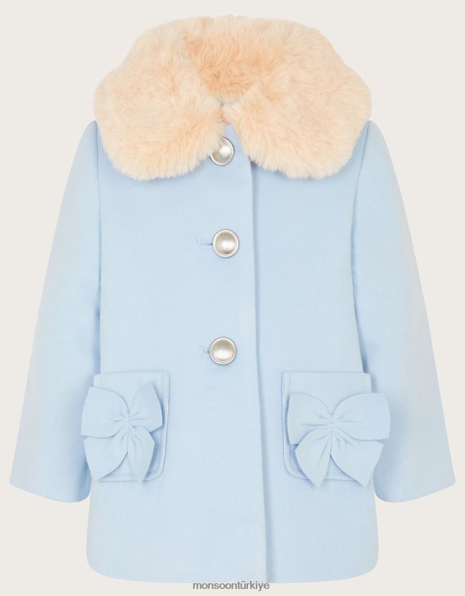 Monsoon kız bebek fiyonklu suni kürk süslemeli ceket JH86BT2062 Giyim mavi (soluk mavi)
