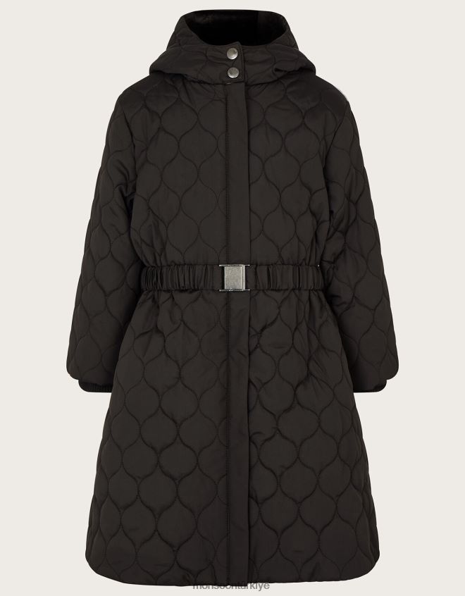 Monsoon kız kapitone kuşaklı kapüşonlu uzun palto JH86BT1883 Giyim siyah