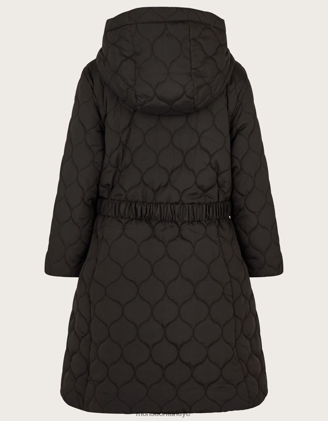 Monsoon kız kapitone kuşaklı kapüşonlu uzun palto JH86BT1883 Giyim siyah