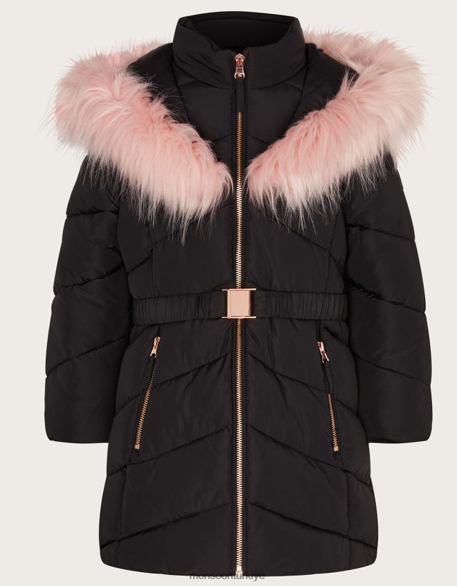 Monsoon kız kuşaklı suni kürk kapüşonlu kaban JH86BT1691 Giyim siyah