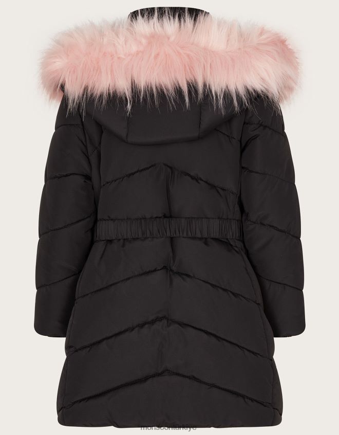 Monsoon kız kuşaklı suni kürk kapüşonlu kaban JH86BT1691 Giyim siyah