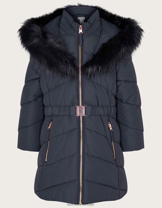 Monsoon kız kuşaklı suni kürk kapüşonlu kaban JH86BT1698 Giyim Mavi Donanma)