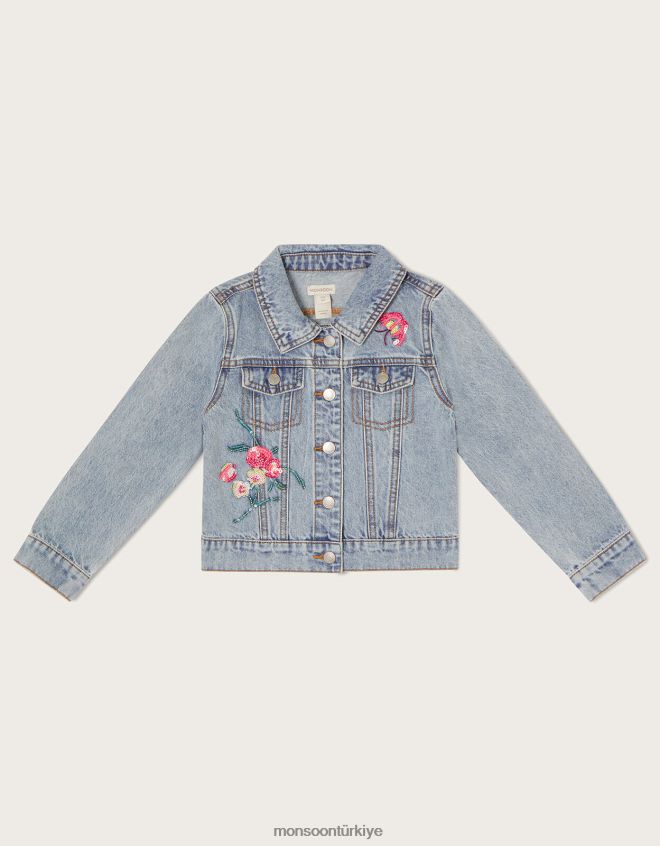Monsoon kız pullu çiçekli denim ceket JH86BT1908 Giyim mavi (soluk mavi)