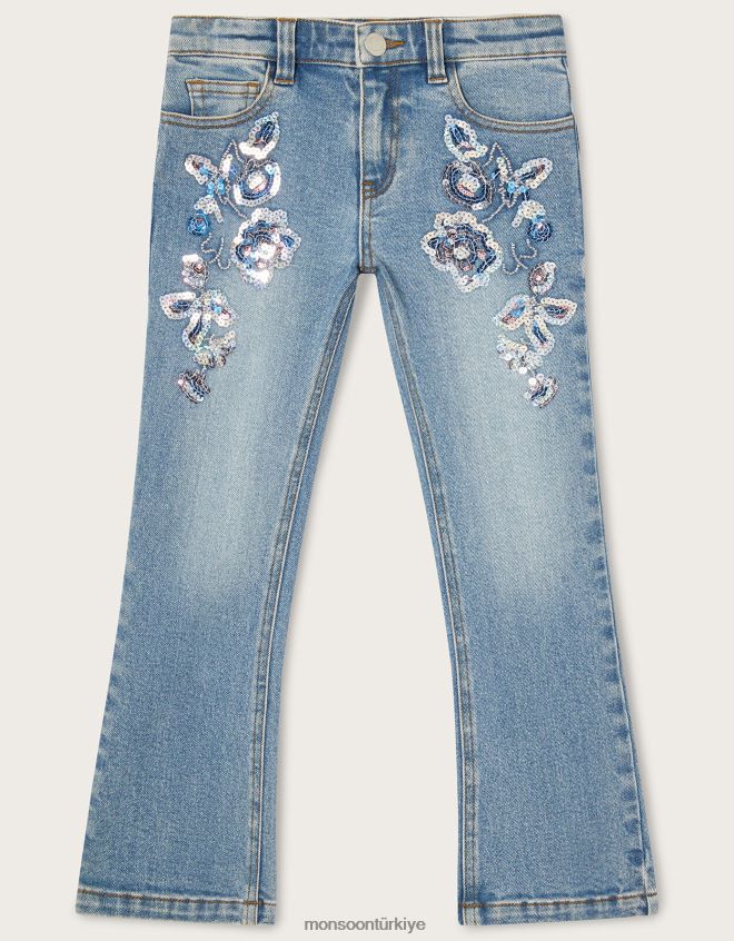 Monsoon kız pullu çiçekli kot pantolon JH86BT1948 Giyim mavi
