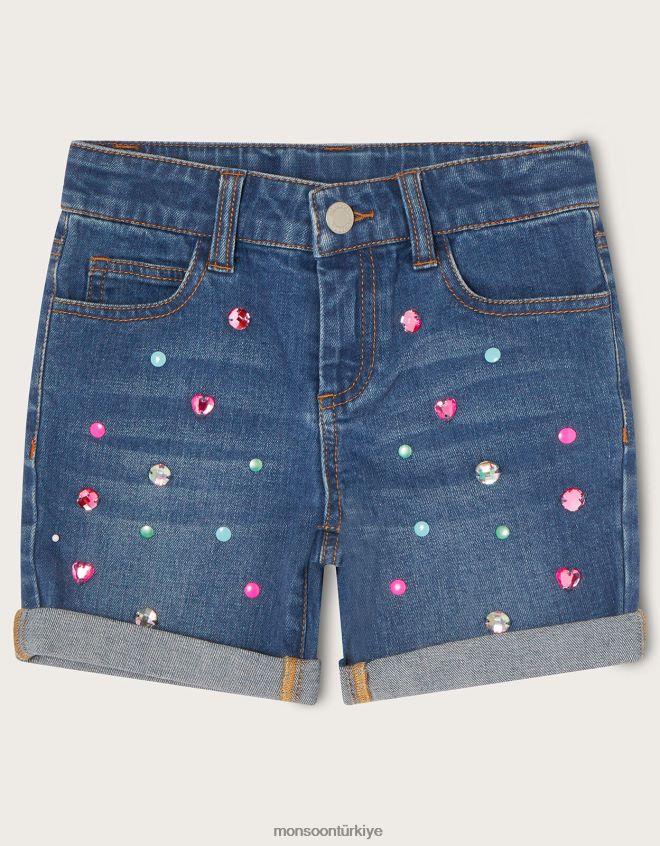 Monsoon kız taşlarla süslenmiş kot şort JH86BT2010 Giyim mavi