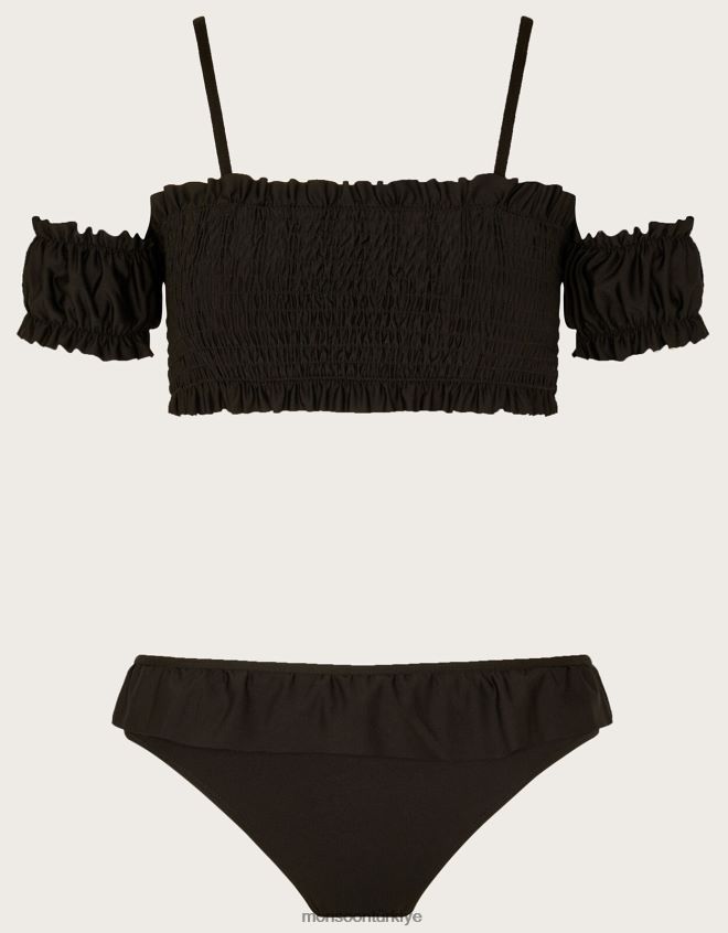 Monsoon kız Geri dönüştürülmüş polyesterden, omuzları açık büzgülü bikini JH86BT1747 Giyim siyah