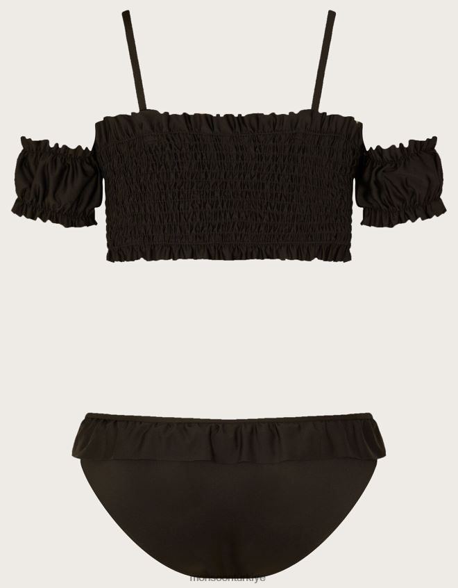 Monsoon kız Geri dönüştürülmüş polyesterden, omuzları açık büzgülü bikini JH86BT1747 Giyim siyah