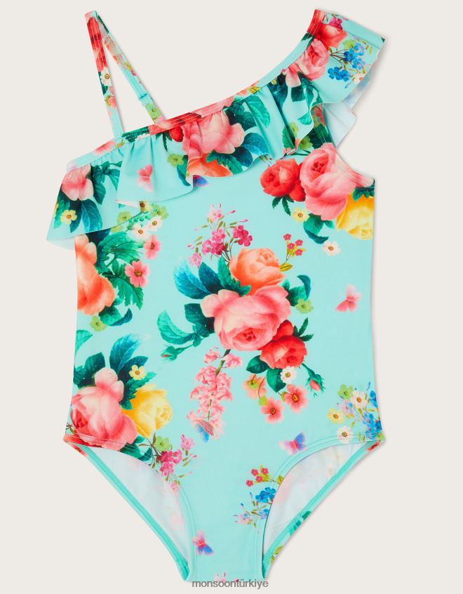 Monsoon kız çiçekli fırfırlı mayo JH86BT1964 Giyim mavi (turkuaz)