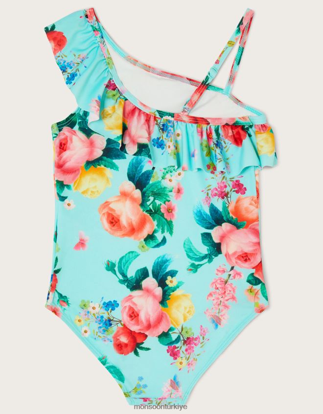 Monsoon kız çiçekli fırfırlı mayo JH86BT1964 Giyim mavi (turkuaz)