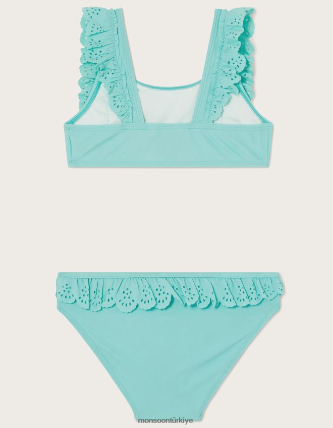 Monsoon kız lazer kesim fırfırlı bikini seti JH86BT2006 Giyim mavi (turkuaz)