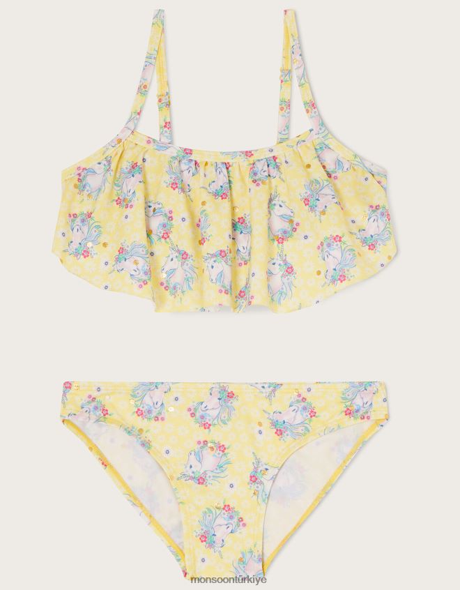 Monsoon kız tek boynuzlu at folyo fırfırlı bikini seti JH86BT1932 Giyim sarı