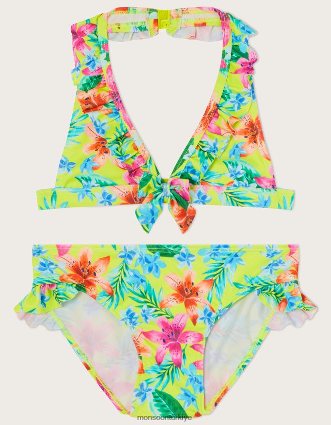 Monsoon kız tropikal üçgen bikini seti JH86BT1615 Giyim yeşil (kireç)