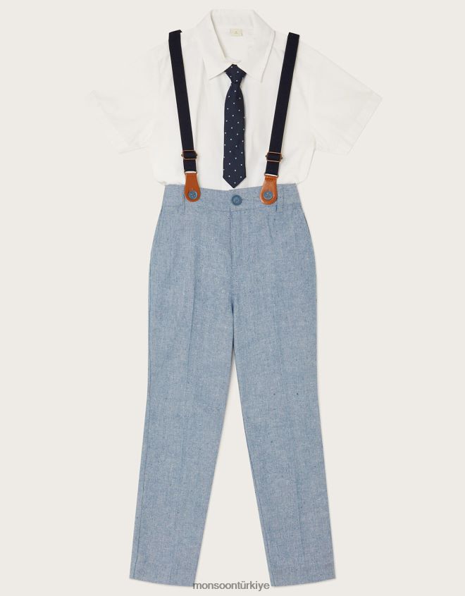 Monsoon erkek çocuk Nathan pantolon, gömlek ve kravat askılı takım JH86BT2261 Giyim mavi