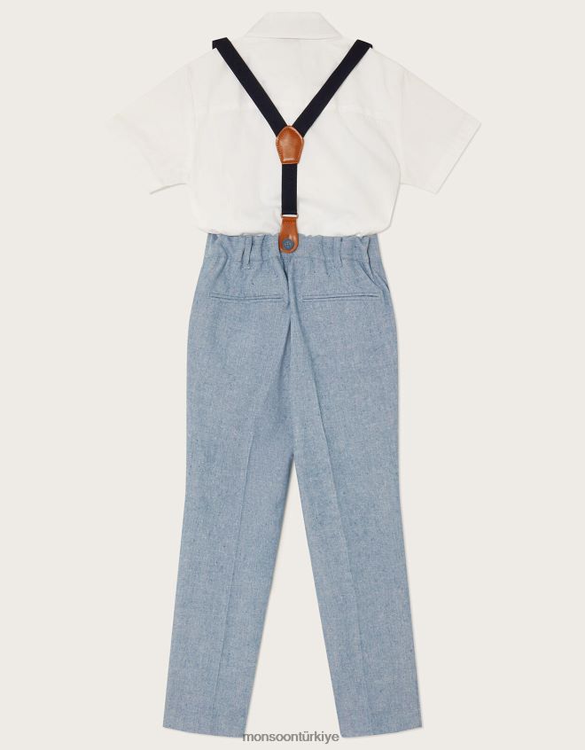 Monsoon erkek çocuk Nathan pantolon, gömlek ve kravat askılı takım JH86BT2261 Giyim mavi