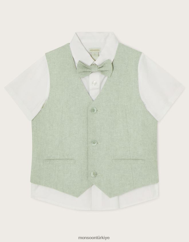 Monsoon erkek çocuk üç parçalı yelek, papyon ve kısa kollu gömlek takımı JH86BT2277 Giyim yeşil