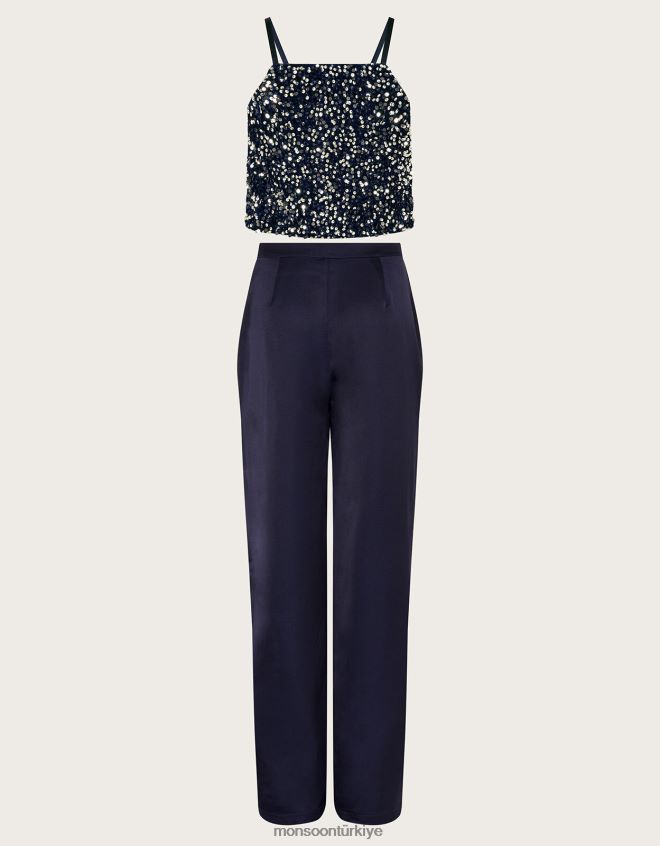 Monsoon kız Isabella pullu üst ve saten pantolon takımı JH86BT2409 Giyim Mavi Donanma)