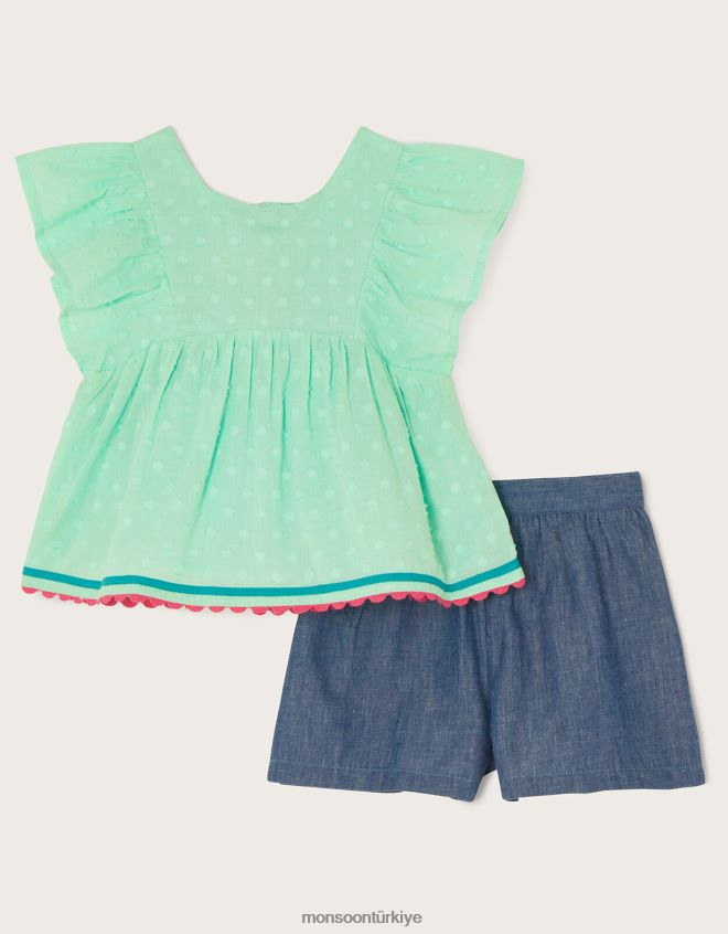 Monsoon kız bebek armürlü orman hayvan üst ve şort takımı JH86BT2164 Giyim yeşil (nane)