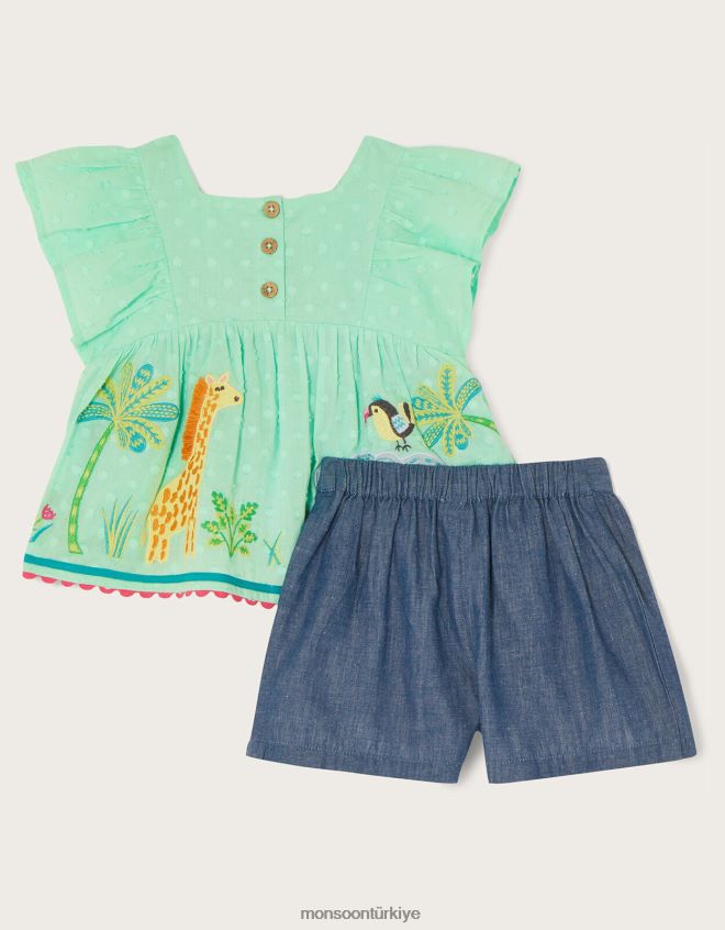 Monsoon kız bebek armürlü orman hayvan üst ve şort takımı JH86BT2164 Giyim yeşil (nane)
