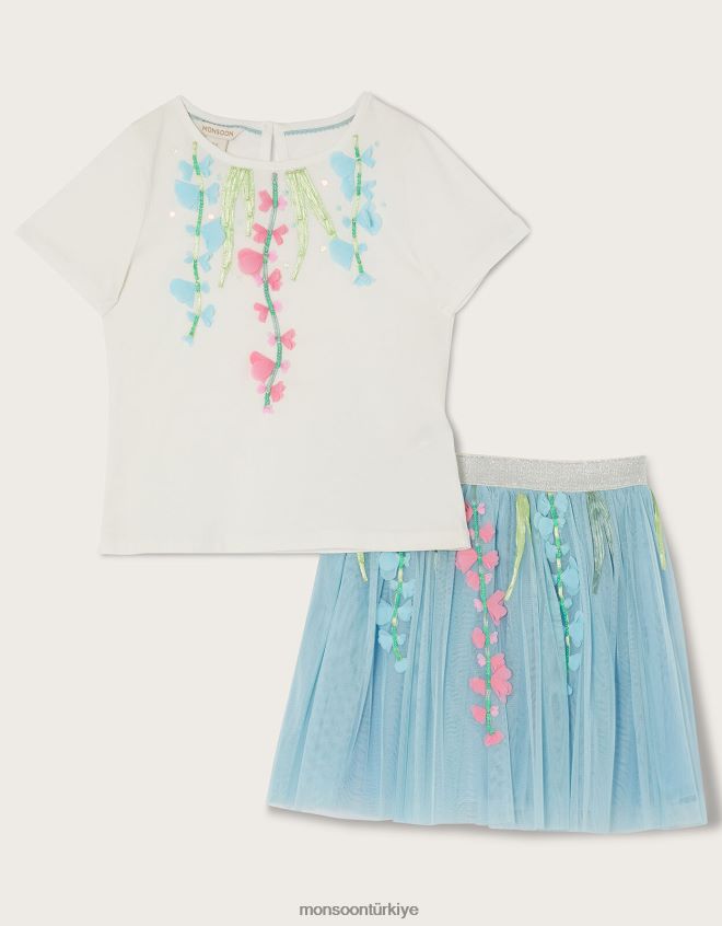 Monsoon kız disko çiçekli üst ve etek takımı JH86BT1793 Giyim mavi