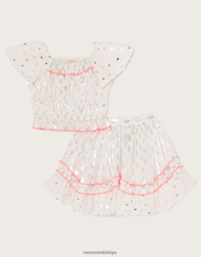 Monsoon kız folyo desenli üst ve etek seti JH86BT1978 Giyim beyaz