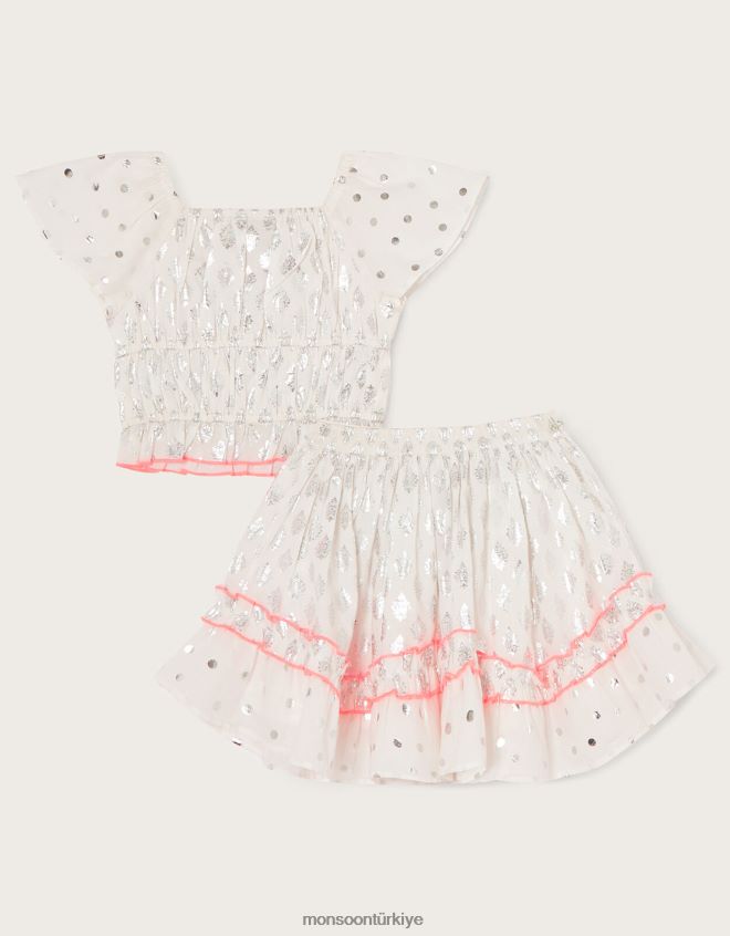 Monsoon kız folyo desenli üst ve etek seti JH86BT1978 Giyim beyaz