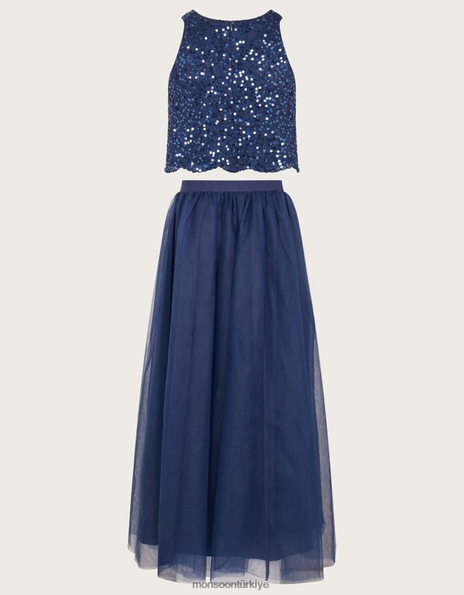 Monsoon kız pullu üst ve tül maxi etek balo seti JH86BT2813 Giyim Mavi Donanma)