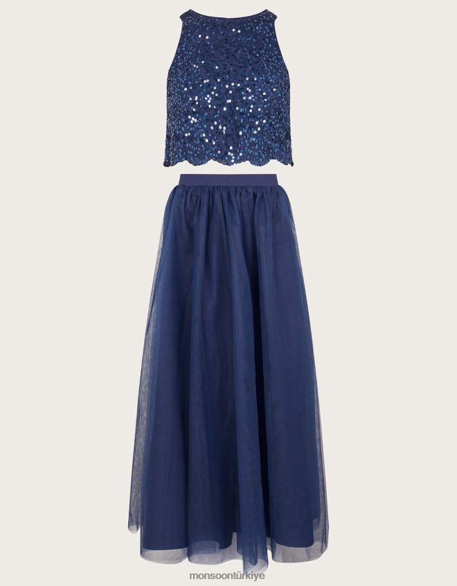 Monsoon kız pullu üst ve tül maxi etek balo seti JH86BT2813 Giyim Mavi Donanma)