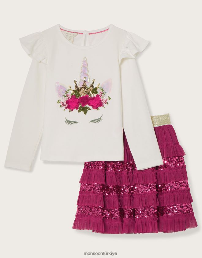 Monsoon kız tek boynuzlu at üst ve disko etek seti JH86BT1668 Giyim pembe (parlak pembe)