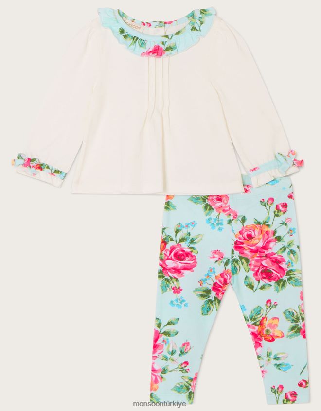 Monsoon çocuklar yenidoğan çiçekli jarse yaka üst ve desenli tayt takımı JH86BT2166 Giyim mavi (su)
