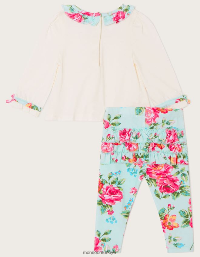Monsoon çocuklar yenidoğan çiçekli jarse yaka üst ve desenli tayt takımı JH86BT2166 Giyim mavi (su)