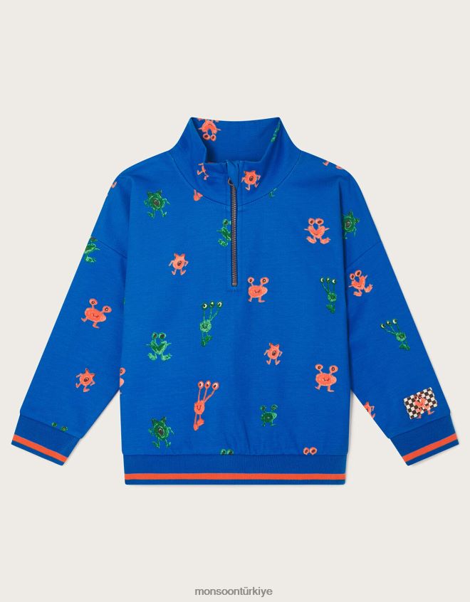 Monsoon erkek çocuk Half Zip Monster Pullover Jumper JH86BT2196 Giyim mavi