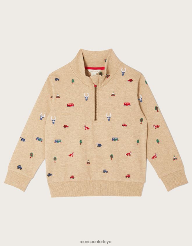 Monsoon erkek çocuk işlemeli fermuarlı yaka kazak JH86BT2245 Giyim doğal taş)