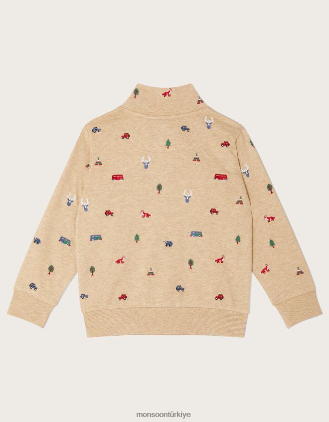 Monsoon erkek çocuk işlemeli fermuarlı yaka kazak JH86BT2245 Giyim doğal taş)