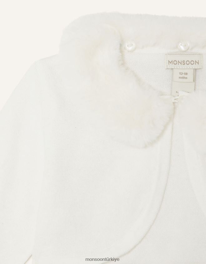 Monsoon kız süper yumuşak suni kürk yakalı bebek hırkası JH86BT2102 Giyim fildişi