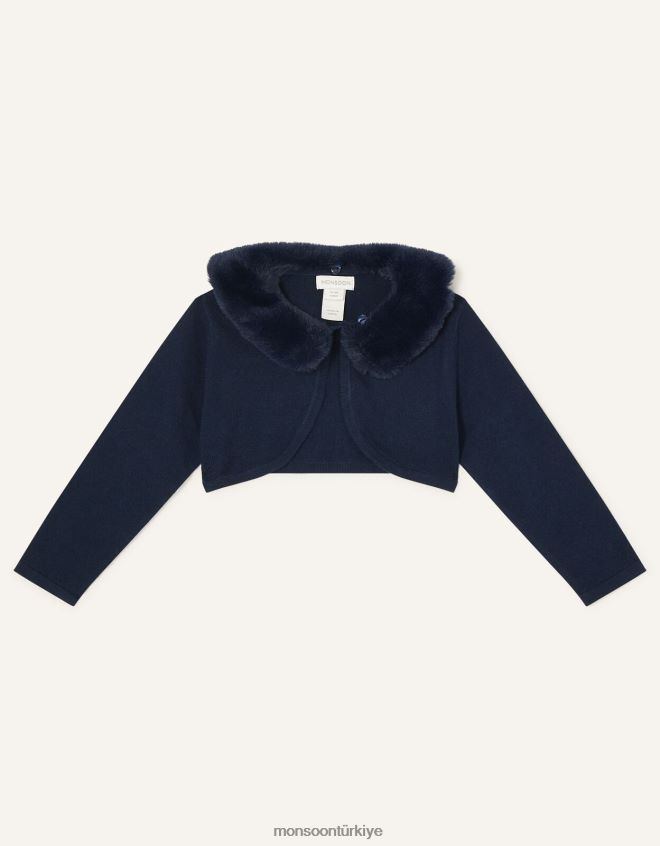 Monsoon kız süper yumuşak suni kürk yakalı bebek hırkası JH86BT2130 Giyim Mavi Donanma)