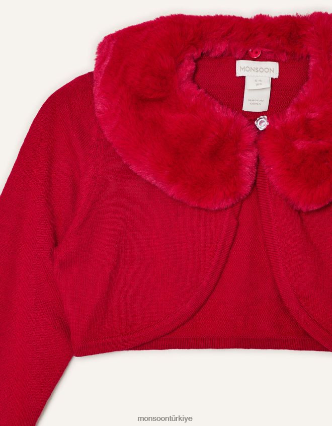 Monsoon kız süper yumuşak suni kürk yakalı hırka JH86BT2031 Giyim kırmızı