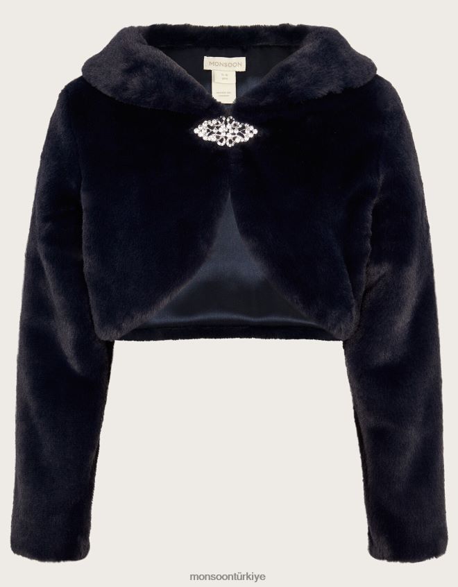 Monsoon kız uzun kollu suni kürk omuz silkme JH86BT1784 Giyim Mavi Donanma)