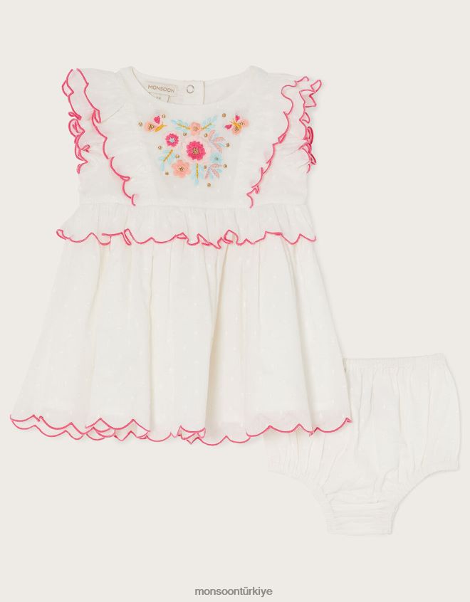 Monsoon çocuklar yenidoğan işlemeli elbise ve külot takımı JH86BT2163 Giyim fildişi
