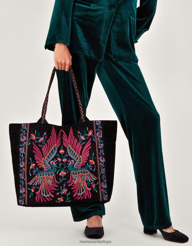 Monsoon kadınlar Beatrice kuş işlemeli kadife tote çanta JH86BT1198 aksesuar moda
