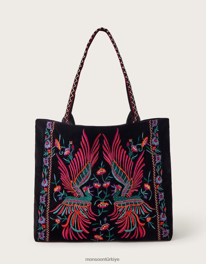 Monsoon kadınlar Beatrice kuş işlemeli kadife tote çanta JH86BT1198 aksesuar moda