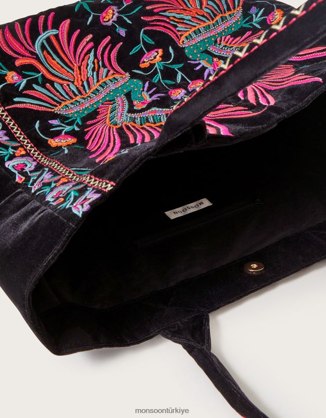 Monsoon kadınlar Beatrice kuş işlemeli kadife tote çanta JH86BT1198 aksesuar moda